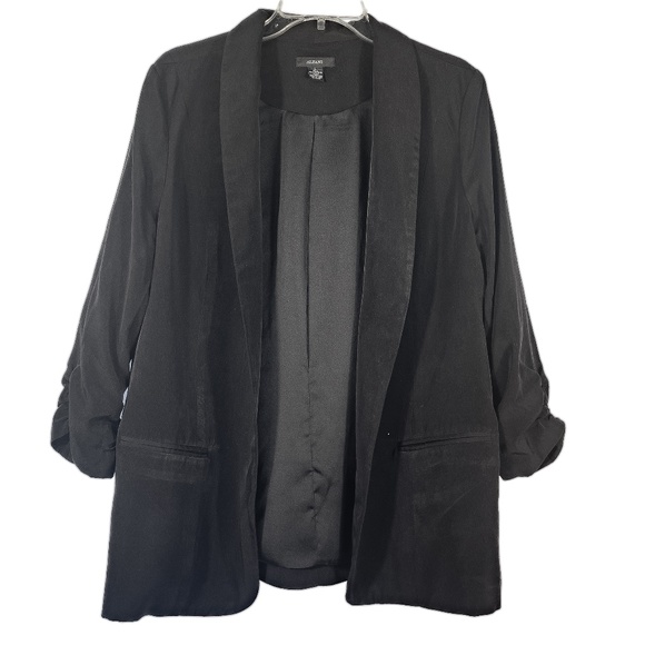 Black Shawl Collar Scrunched Sleeve Open Front Blazer - Picture 1 of 7